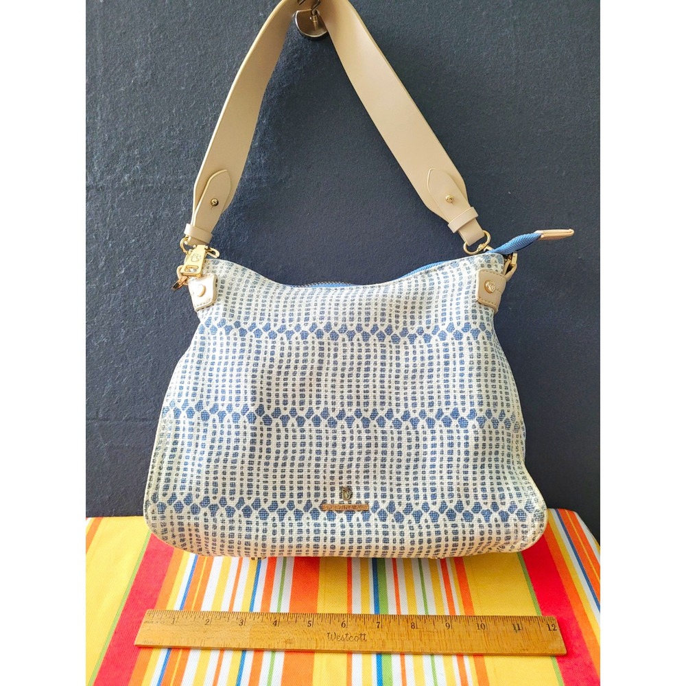 Spartina 449 Blue/Ivory Geometric Shoulder Bag, Zip Closure, Detachable Strap